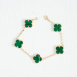 Custom 5 Motif Clover 18k Yellow Gold Green Malachite Stone Bracelet