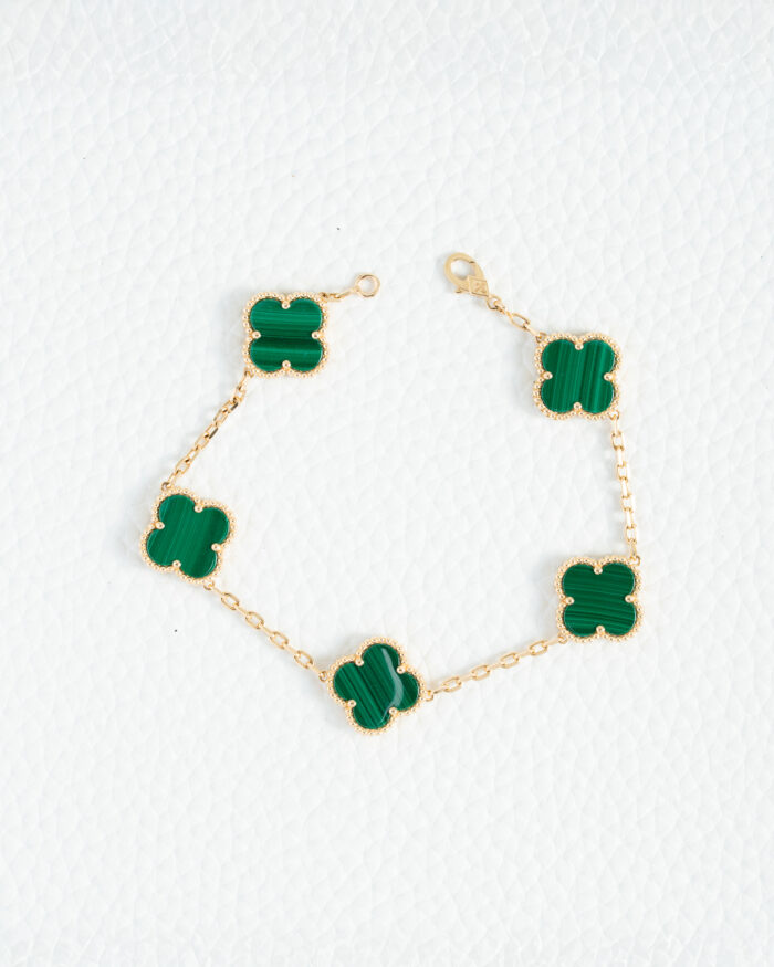 Custom 5 Motif Clover 18k Yellow Gold Green Malachite Stone Bracelet - Image 1